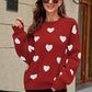 Heart Pattern Lantern Sleeve Round Neck Tunic Sweater