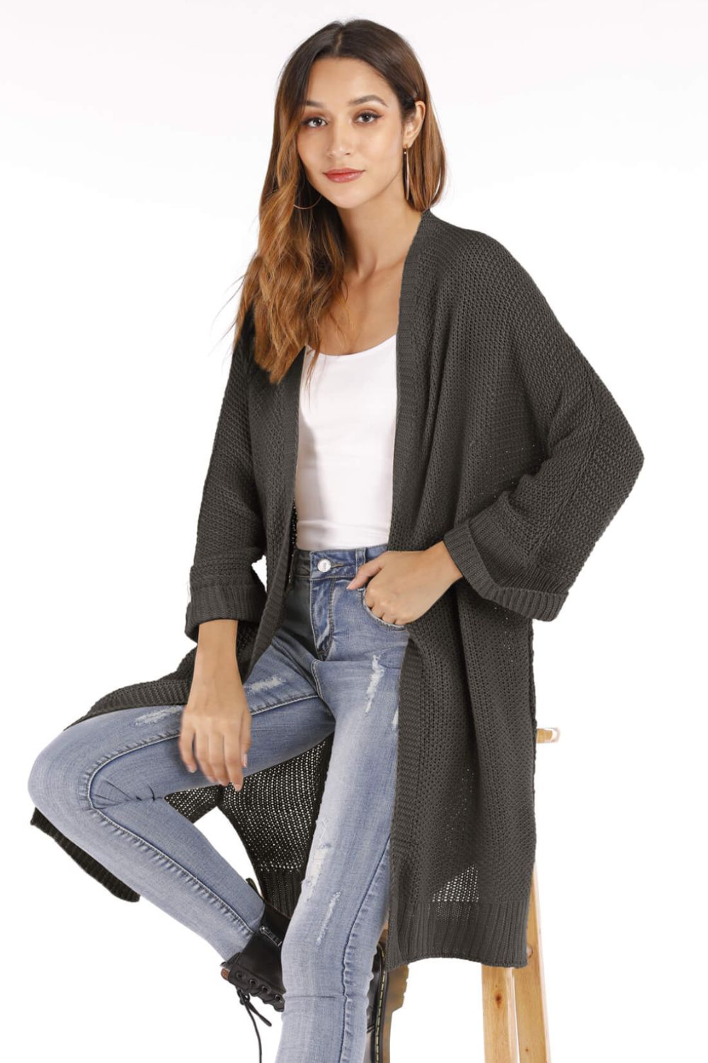 Open Front Slit Exposed Seam Cardigan