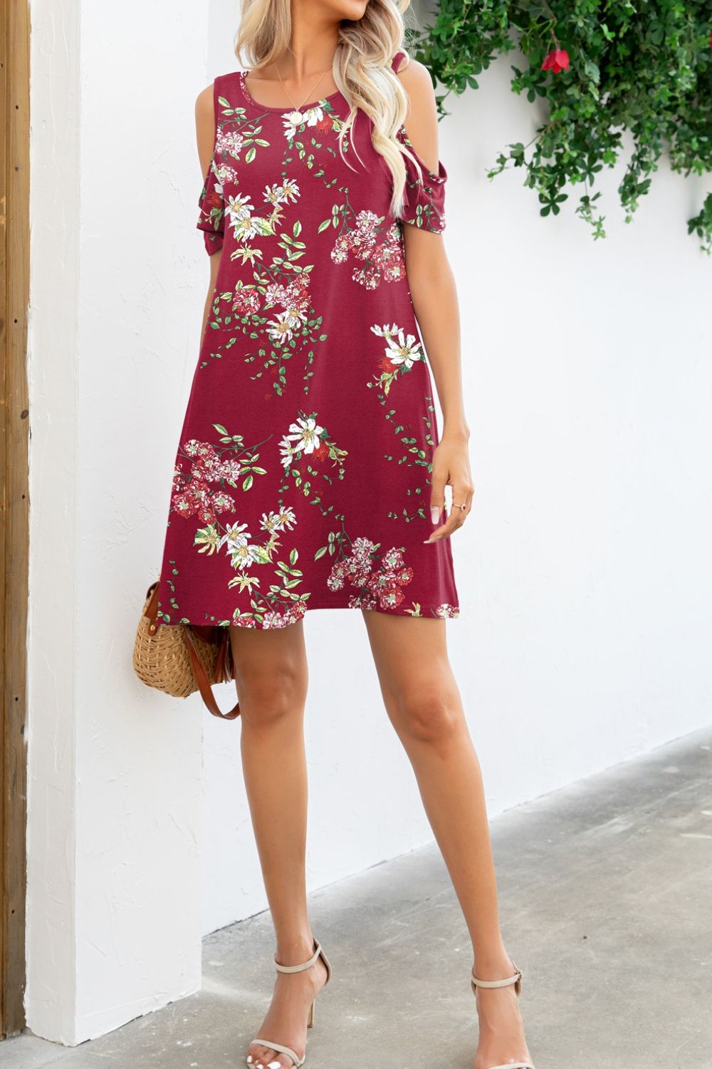 Printed Round Neck Cold-Shoulder Dress