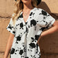 Floral Notched Neck Cuffed Short Sleeve Blouse