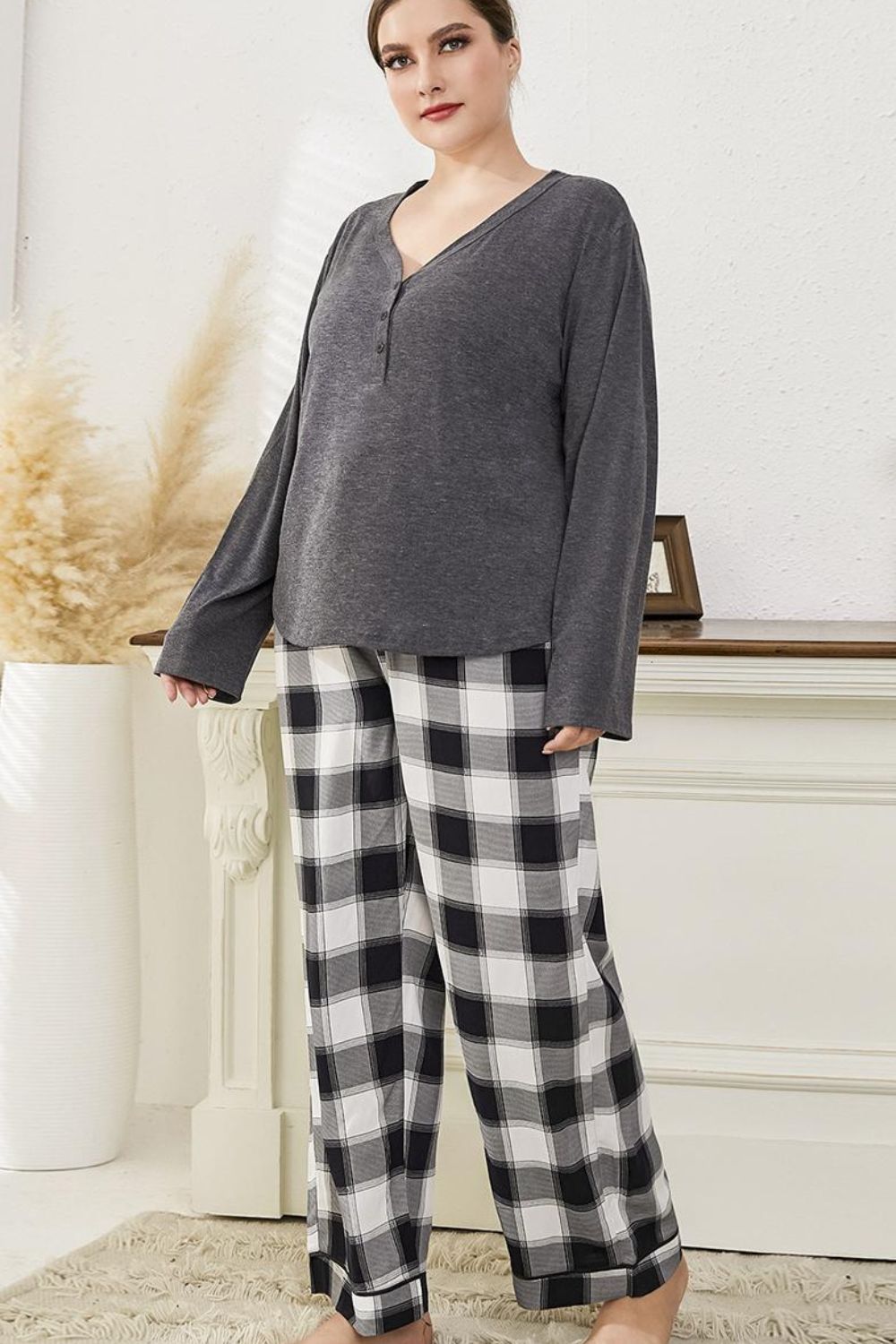 Plus Size Long Sleeve Top and Plaid Pants Lounge Set