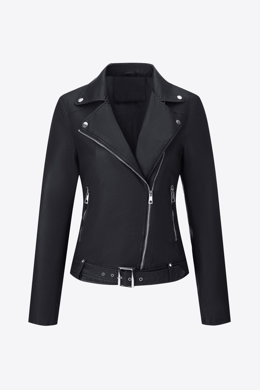 Buckle Detail Zip Up PU Leather Jacket