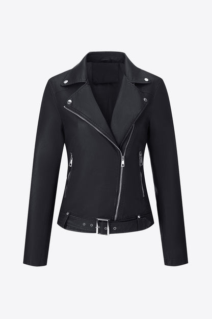 Buckle Detail Zip Up PU Leather Jacket
