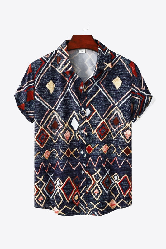 Geometric Print Button-Down Short Sleeve Shirt