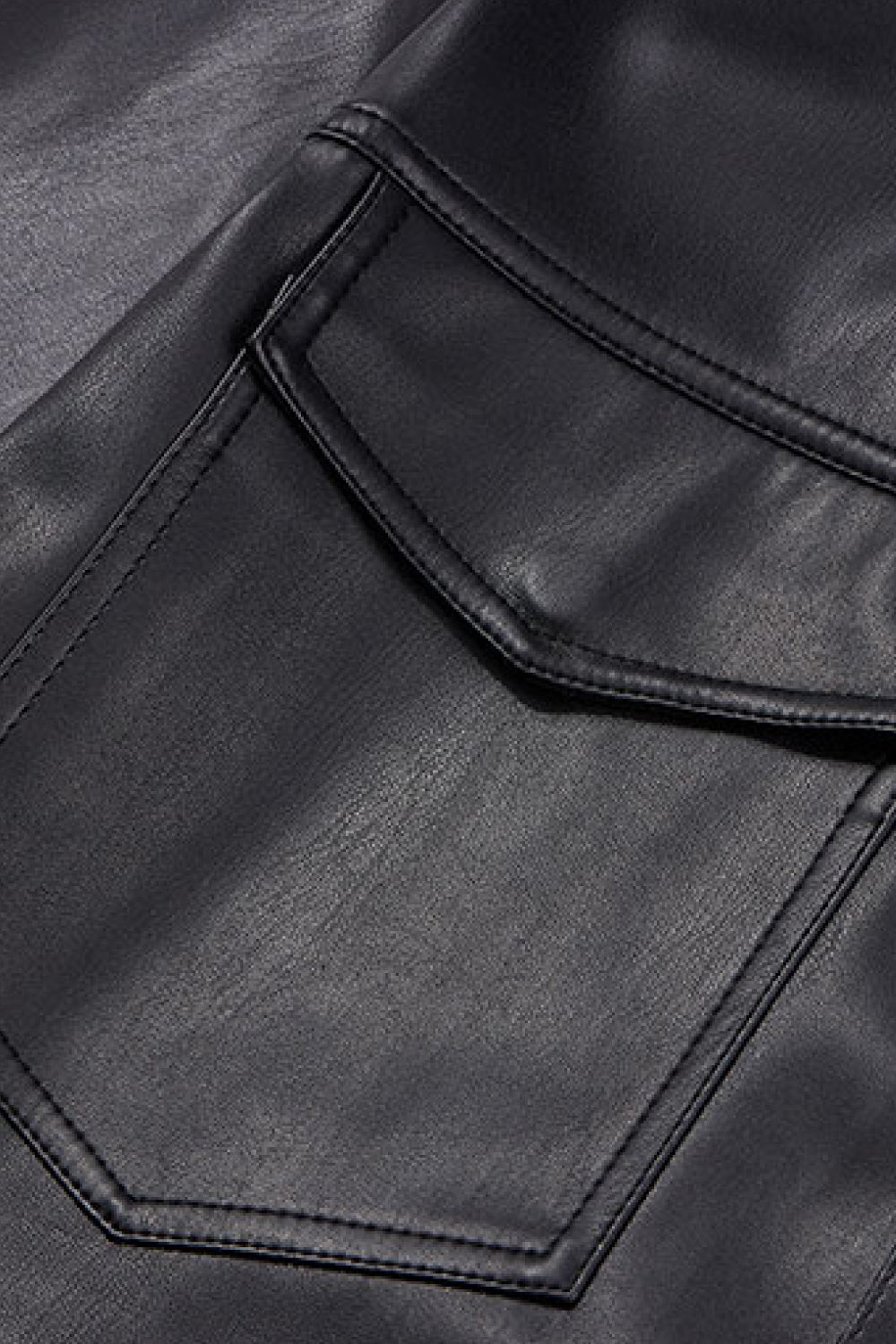 Button Front Flap Pocket Longline PU Leather Jacket