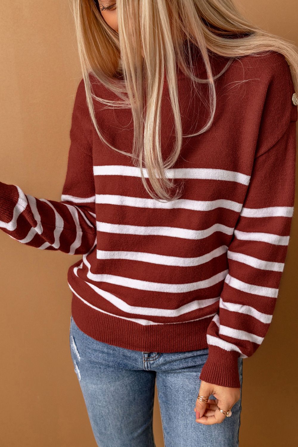 Striped Button Detail Mock Neck Sweater