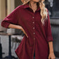 Button Front Curved Hem Raglan Sleeve Shirt Dress