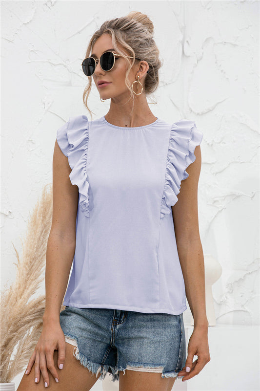 Ruffle Shoulder Tie-Back Crewneck Top