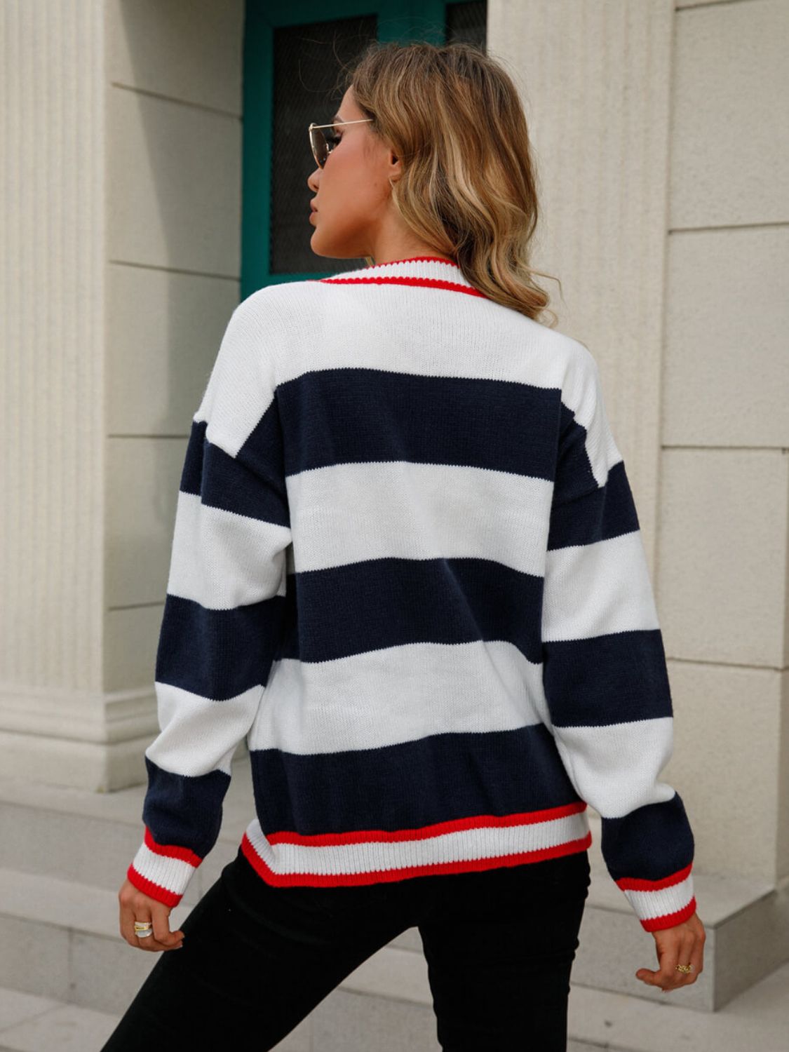 Striped Contrast Button-Up Cardigan