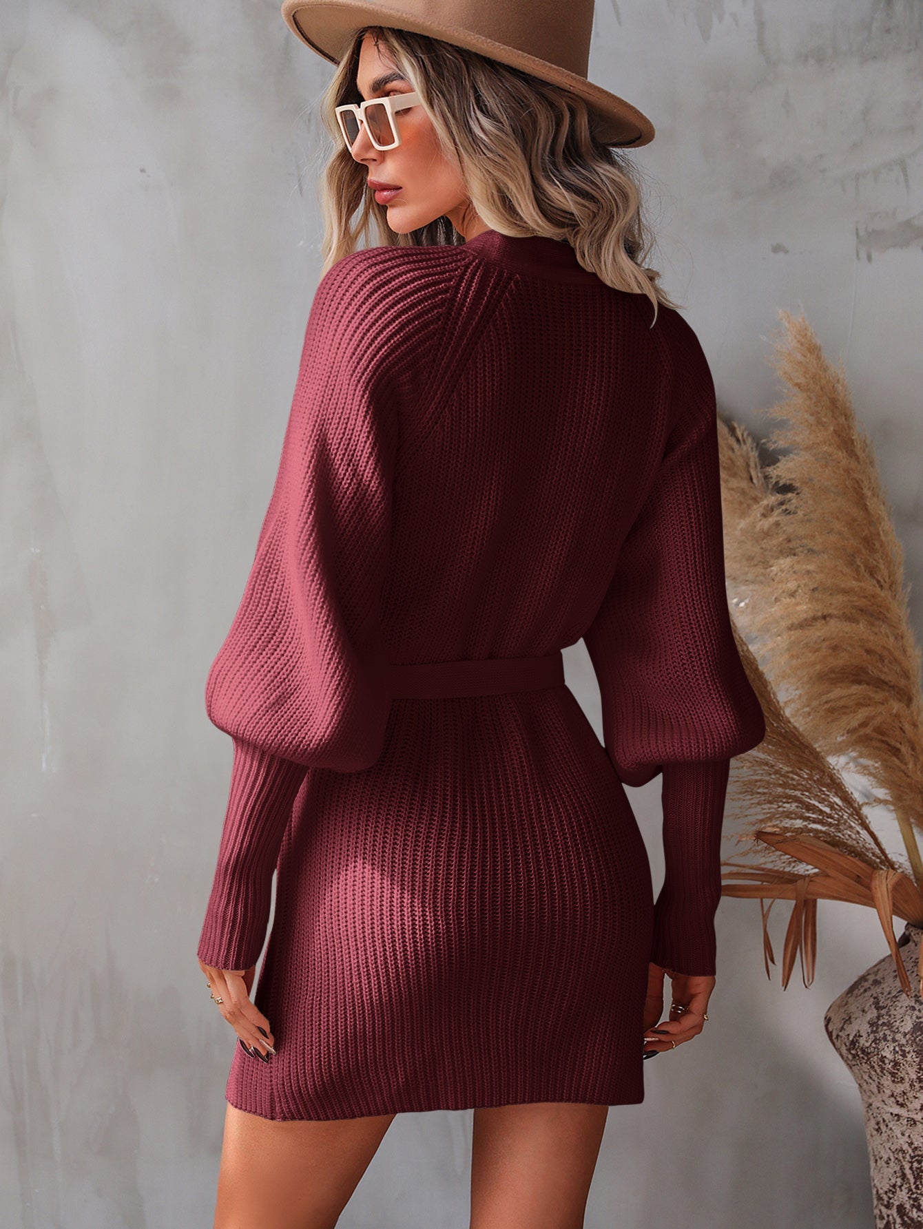 Belted Surplice Lantern Sleeve Wrap Sweater Dress – Deals DejaVu