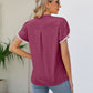Pom-Pom Trim Petal Sleeve Notched Neck Top