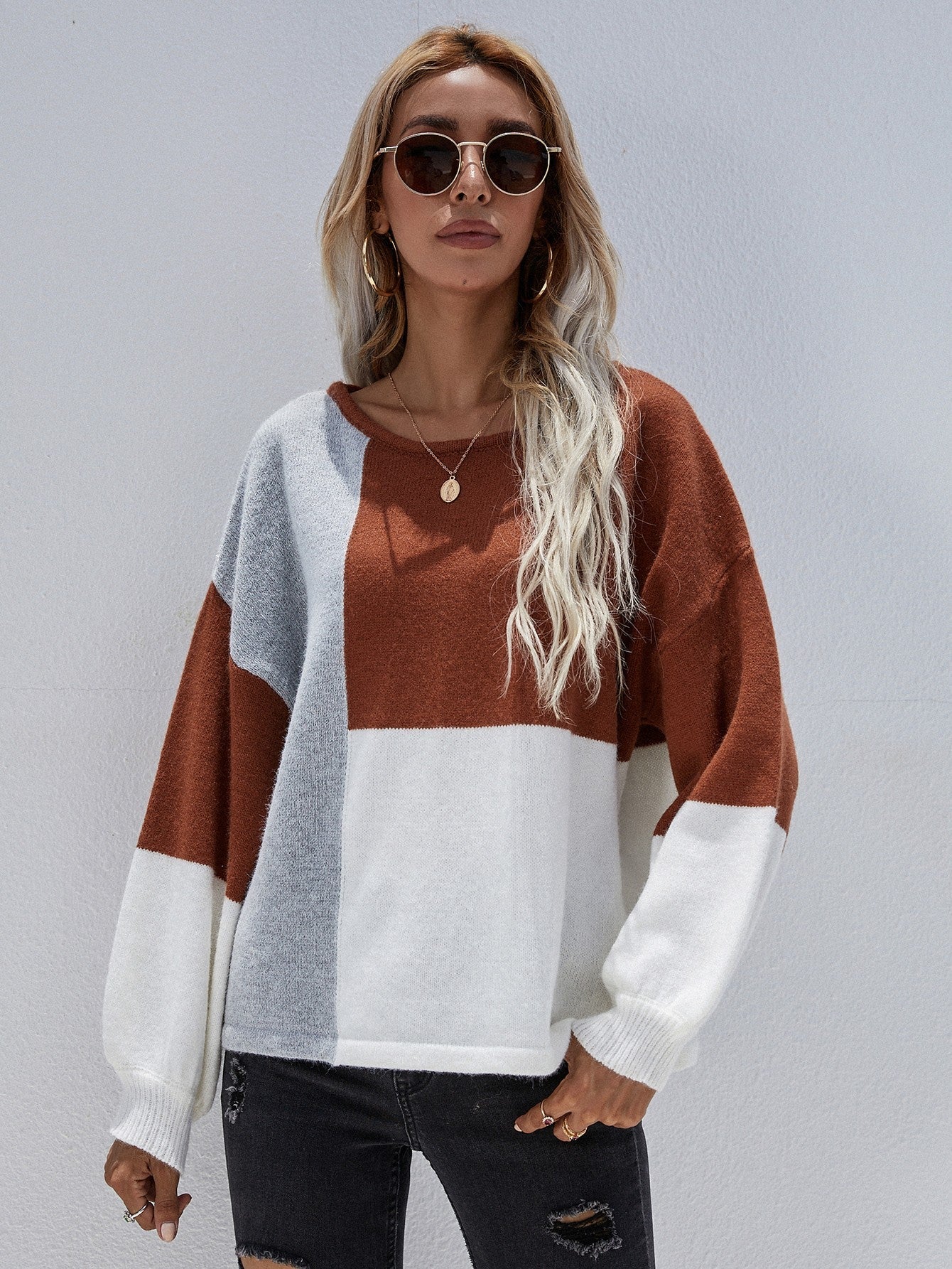 Color Block Tie-Back Dropped Shoulder Knit Pullover