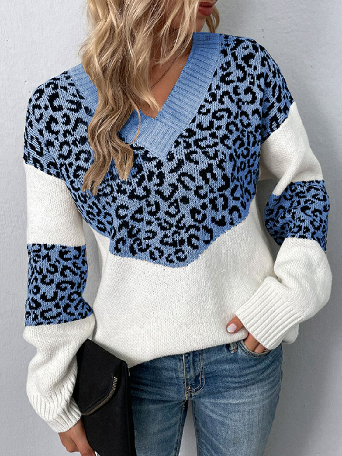 Leopard Color Block V-Neck Ribbed Trim Sweater