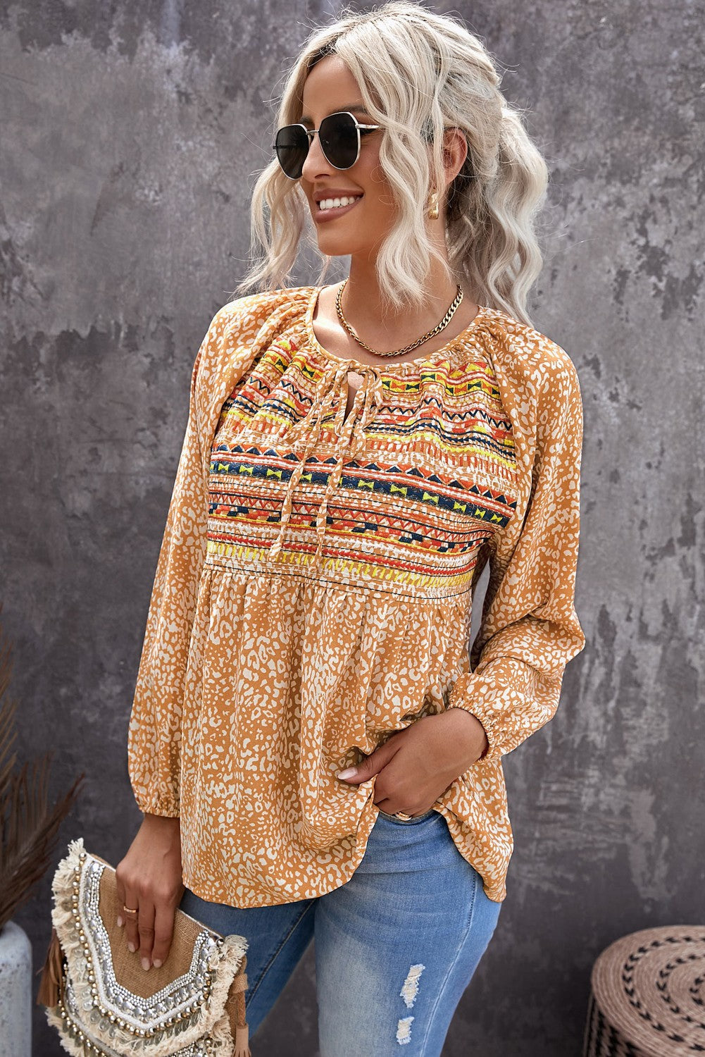 Printed Tie-Neck Balloon Sleeve Blouse