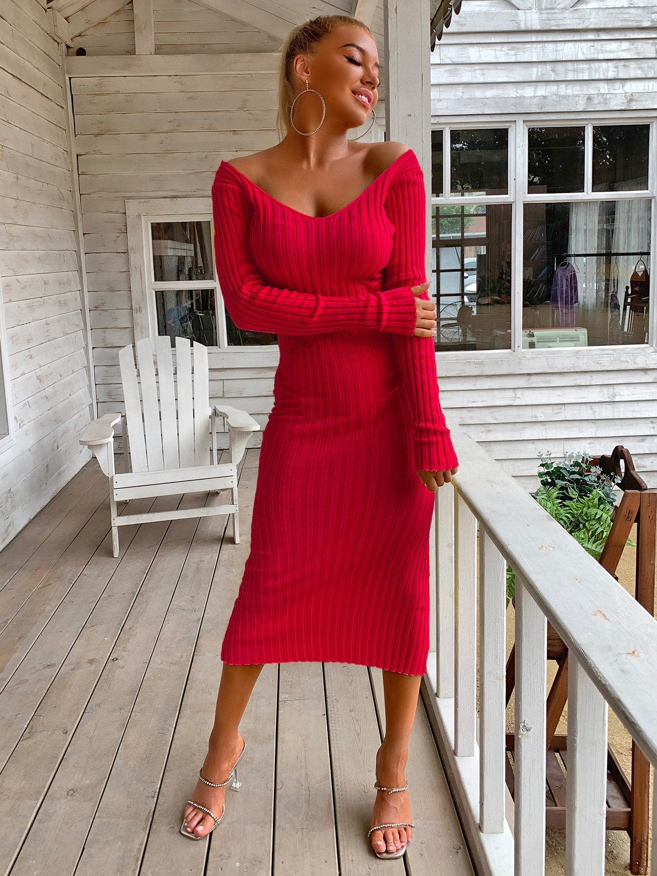 Ribbed V-Neck Midi Sweater Dress
