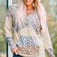 Leopard Color Block Buttoned Drawstring Detail Hoodie