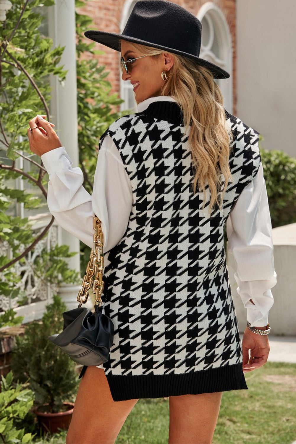 Houndstooth Side Slit Ribbed Sweater Vest Dress