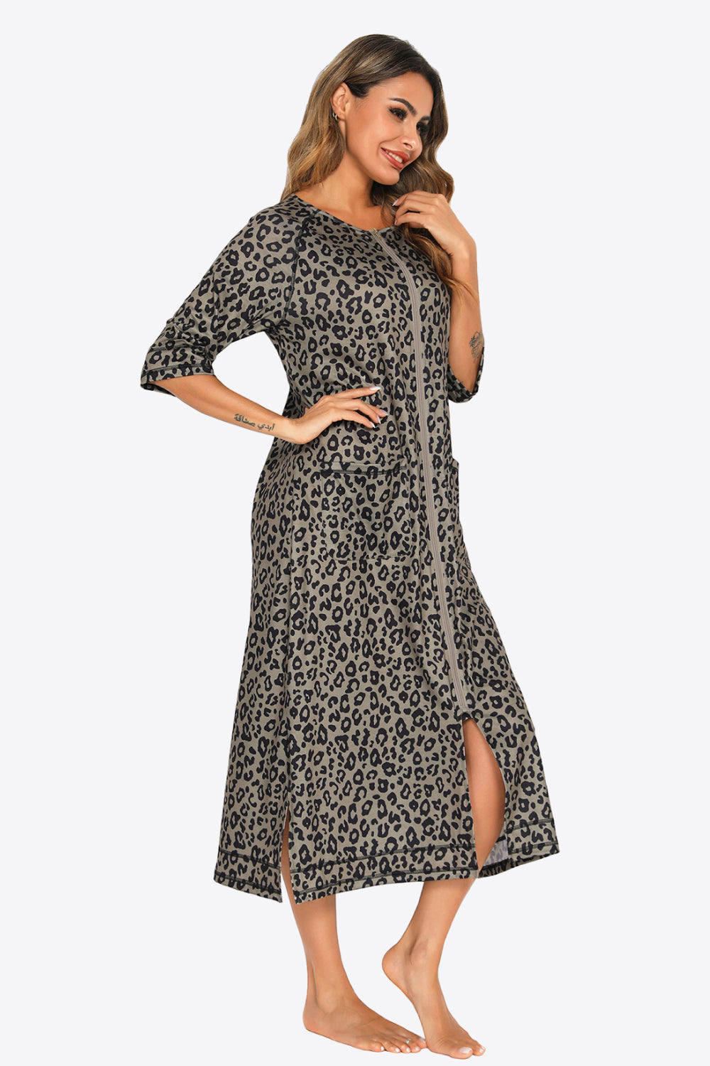 Zip Up Slit Night Dress with Pockets
