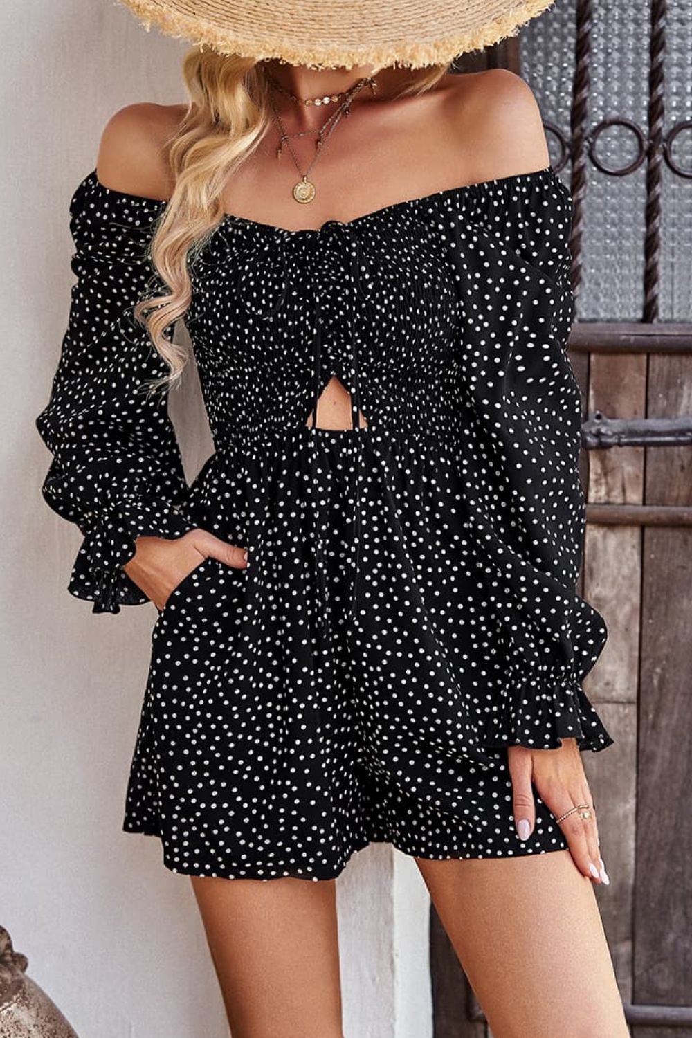 Polka Dot Ruched Smocked Flounce Sleeve Romper