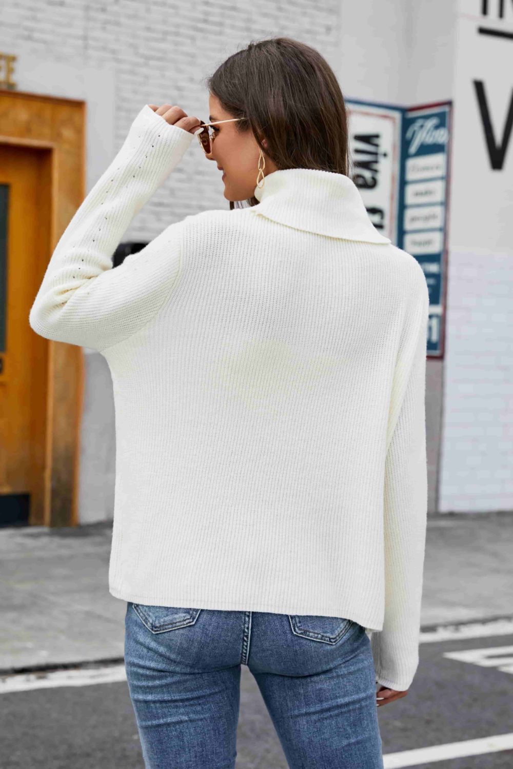 Openwork Turtleneck Rib-Knit Sweater
