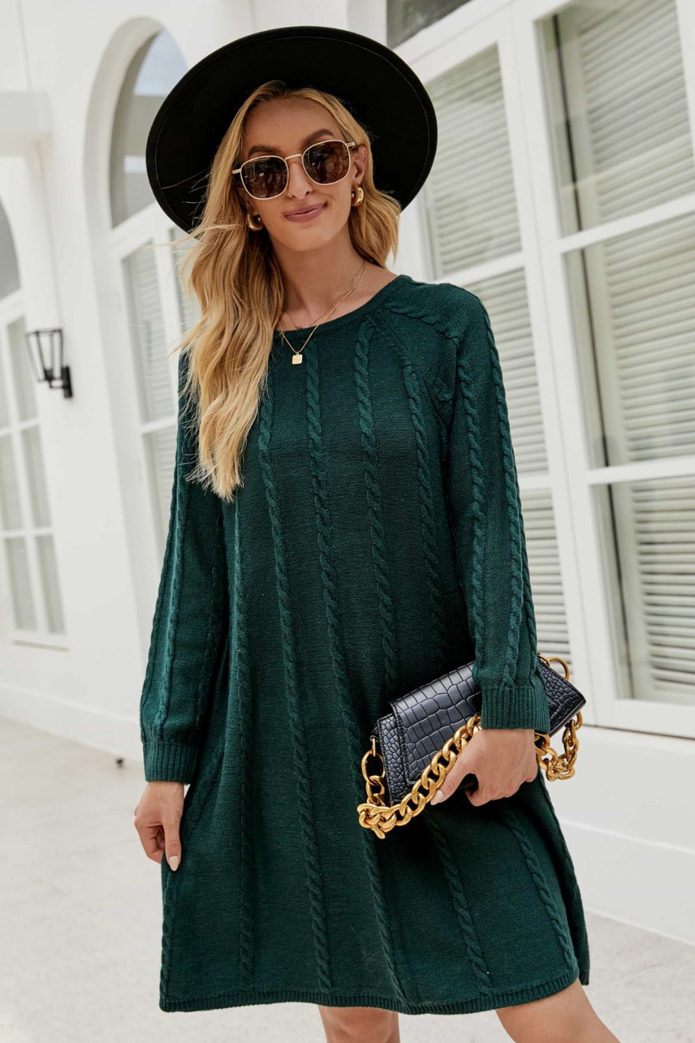 Cable-Knit Raglan Sleeve Round Neck Sweater Dress