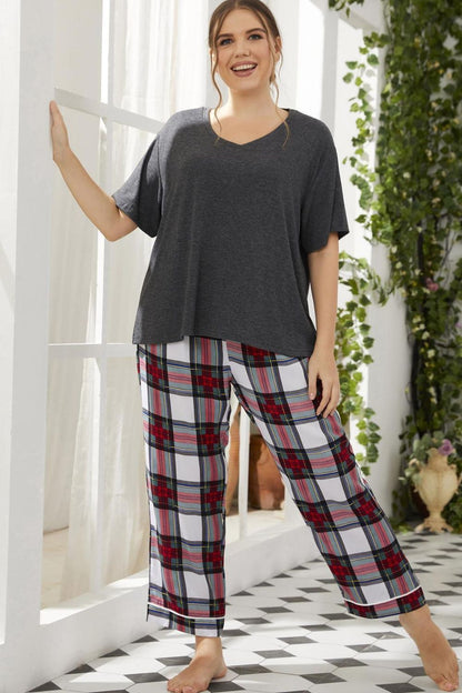Plus Size V-Neck Tee Shirt and Plaid Pants Lounge Set