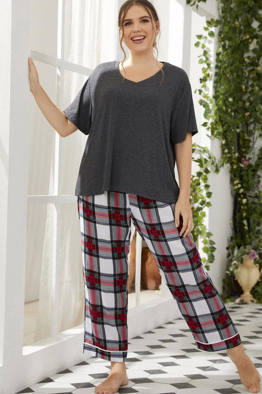 Plus Size V-Neck Tee Shirt and Plaid Pants Lounge Set