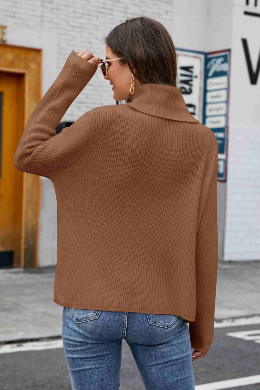 Openwork Turtleneck Rib-Knit Sweater