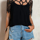 Strappy Neck Spliced Lace Eyelash Trim Blouse