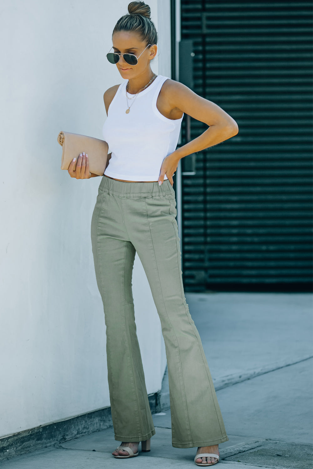Seam Detail Elastic Waist Flare Pants