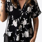 Floral Notched Neck Cuffed Short Sleeve Blouse