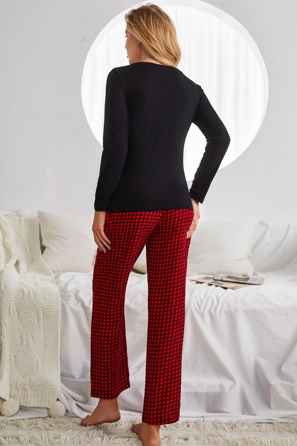 Plaid Heart Graphic V-Neck Top and Pants Lounge Set