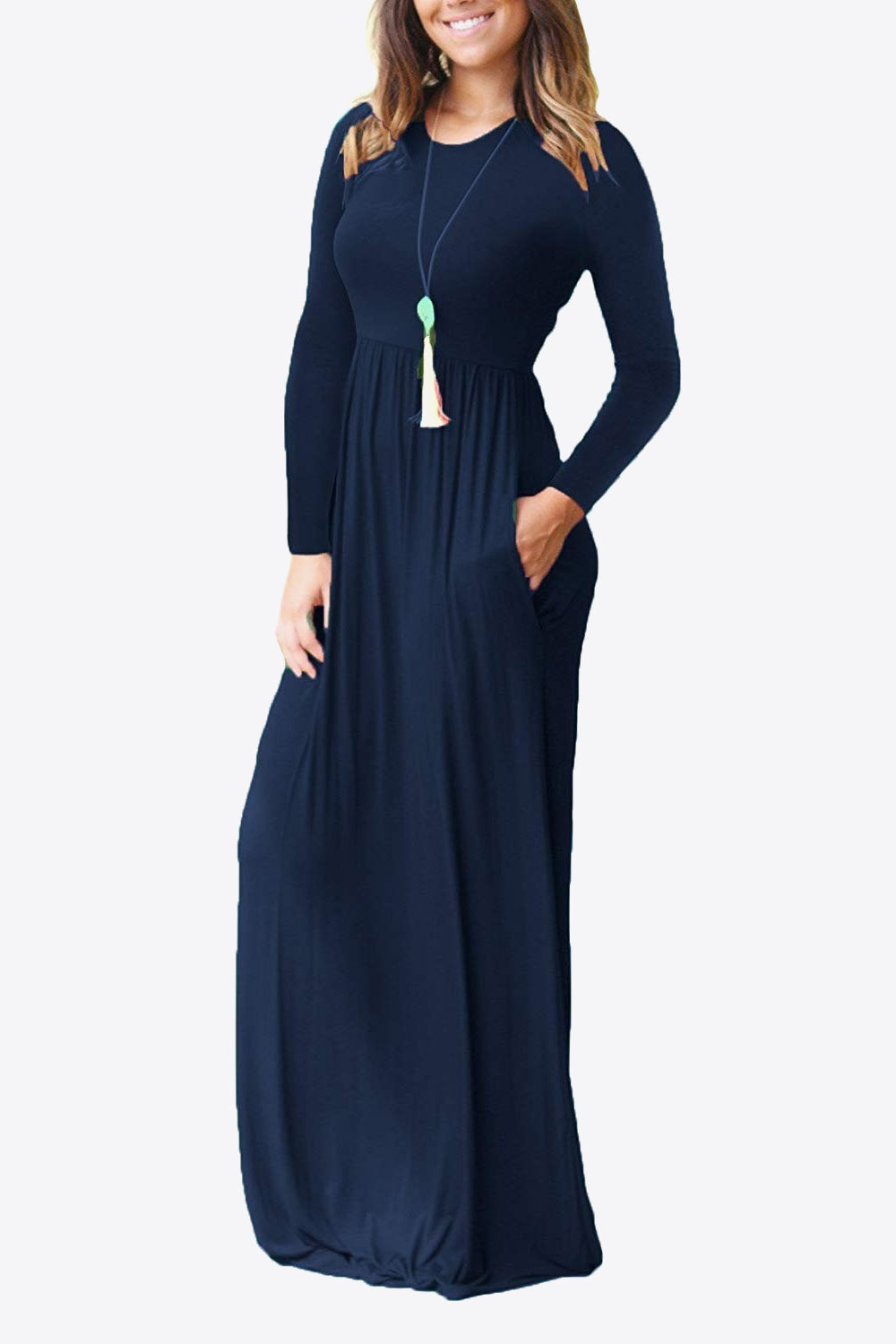 Round Neck Empire Waist Pocket Dress