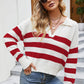 Striped Johnny Collar Dropped Shoulder Sweater