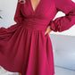 Deep V Puff Sleeve Ruched Mini Dress