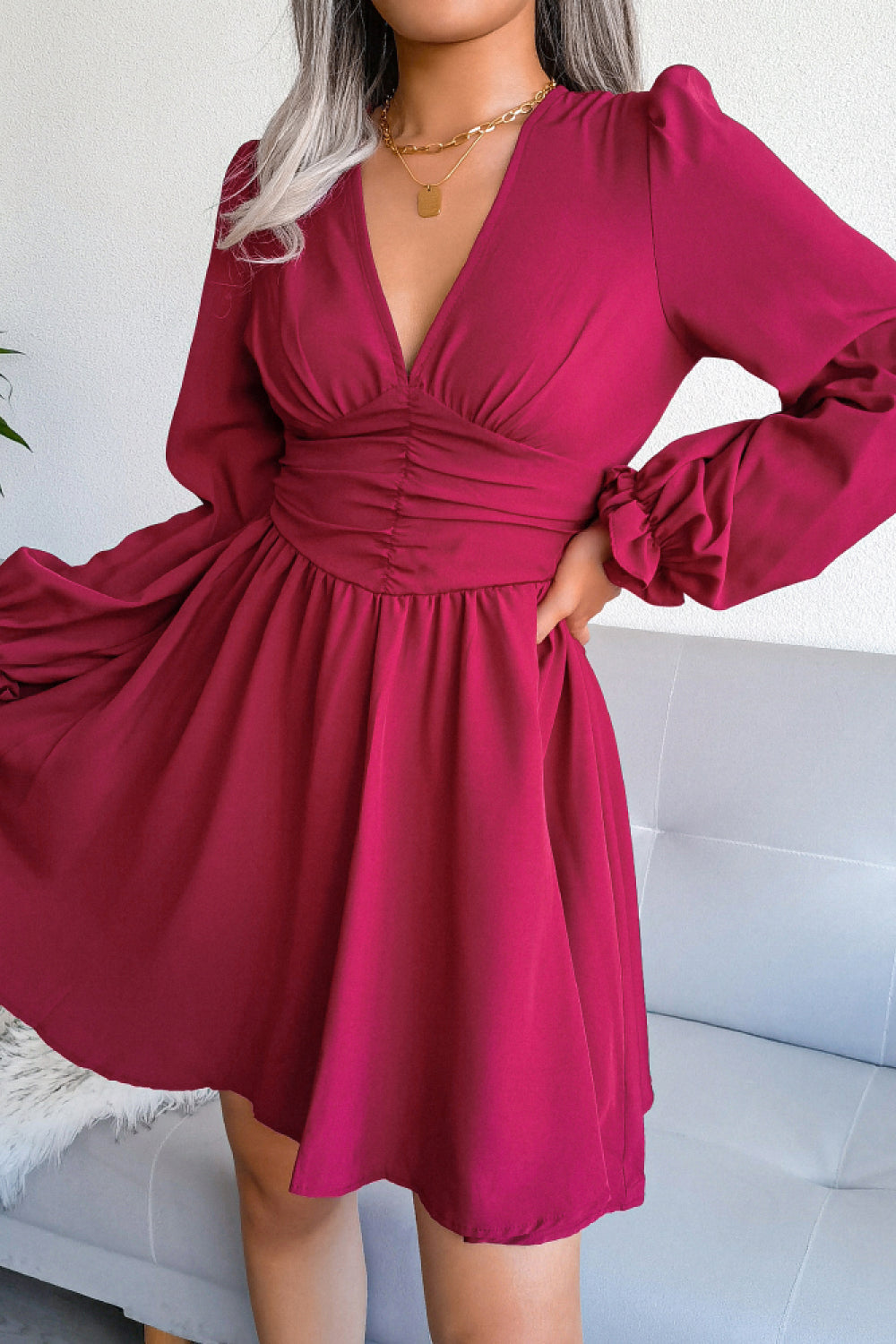 Deep V Puff Sleeve Ruched Mini Dress