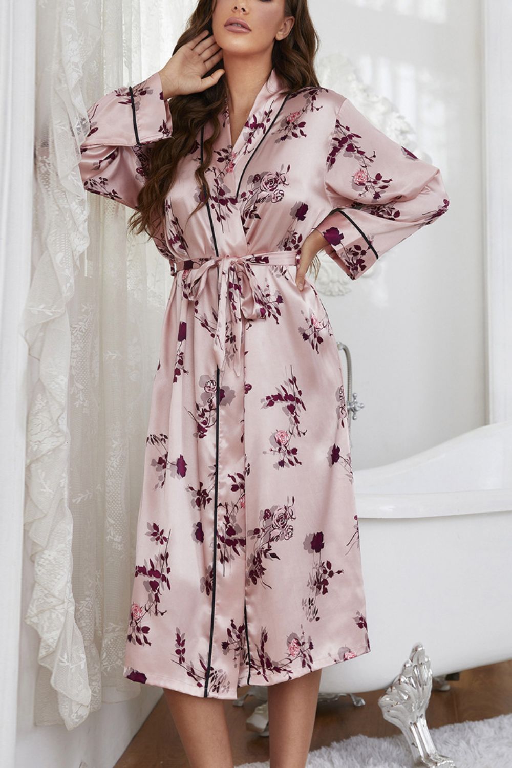 Floral Long Sleeve Tie Waist Robe