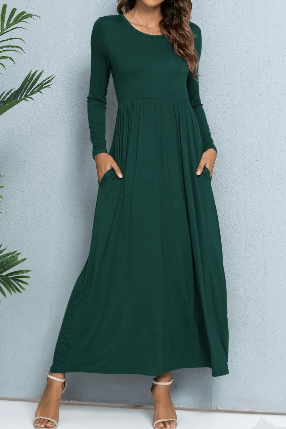 Long Sleeve Round Neck Maxi Dress with Pockets