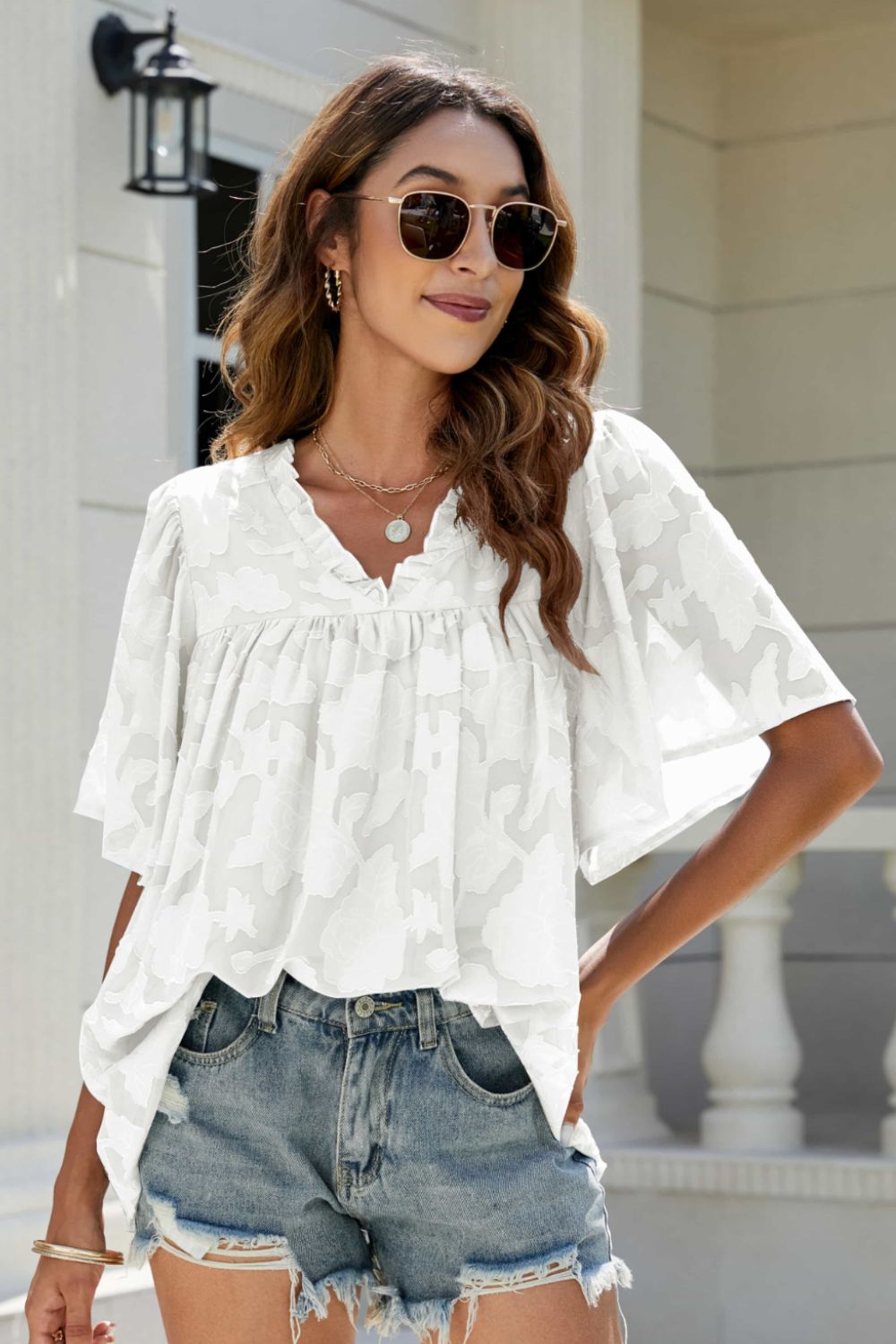 Applique Frill Trim Flutter Sleeve Blouse