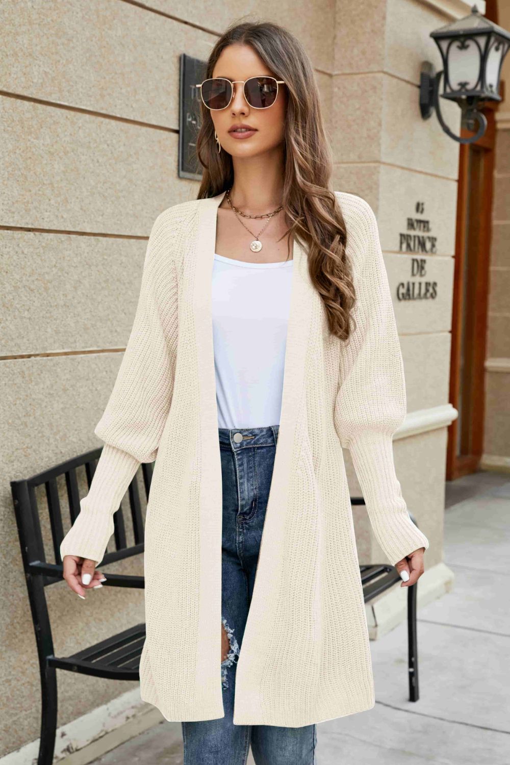 Lantern Sleeve Rib-Knit Open Front Longline Cardigan