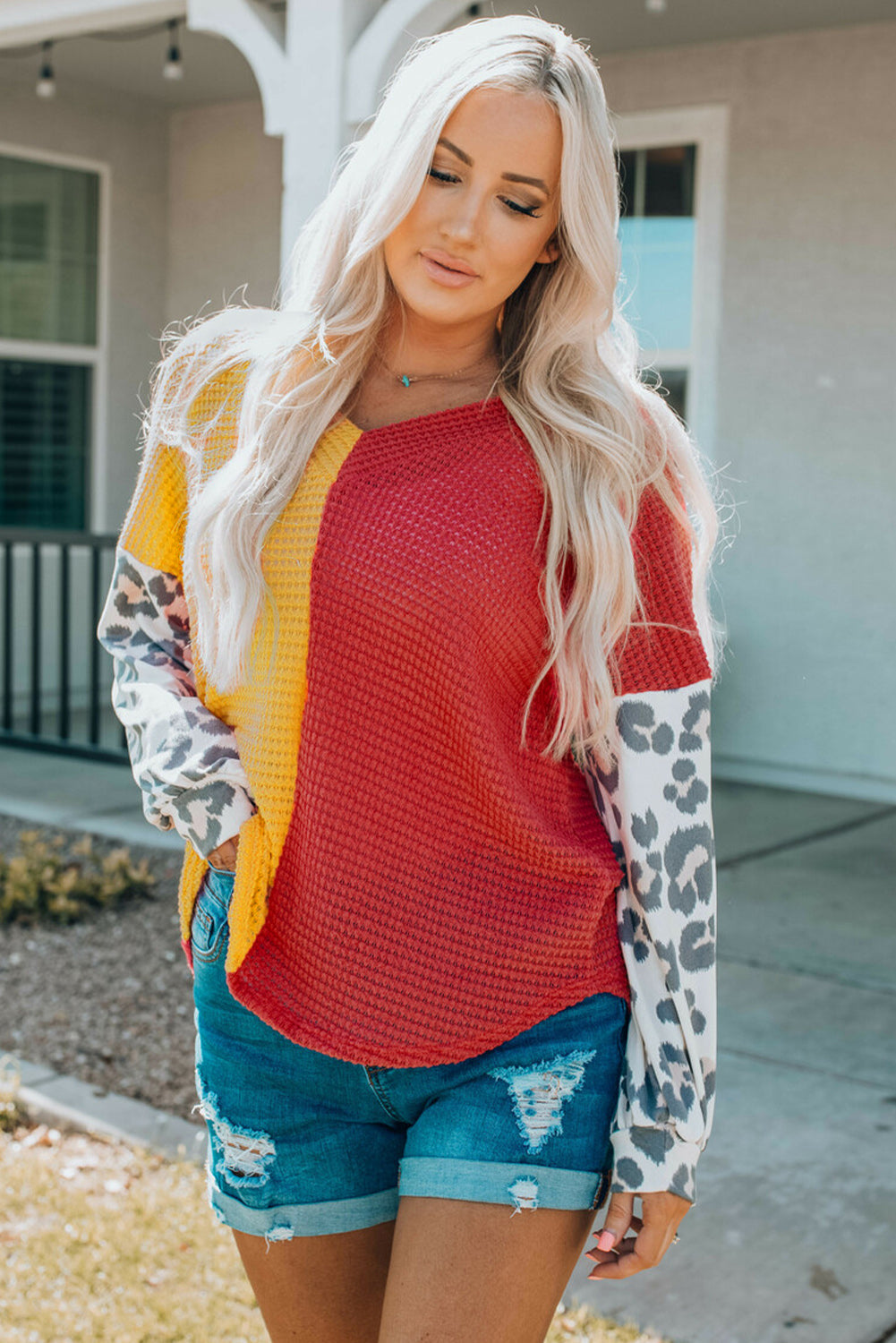 Leopard Color Block Waffle-Knit V-Neck Top
