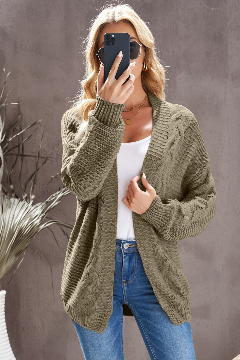 Dropped Shoulder Cable-Knit Open Front Cardigan
