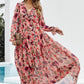 Floral Frill Trim Flounce Sleeve Plunge Maxi Dress