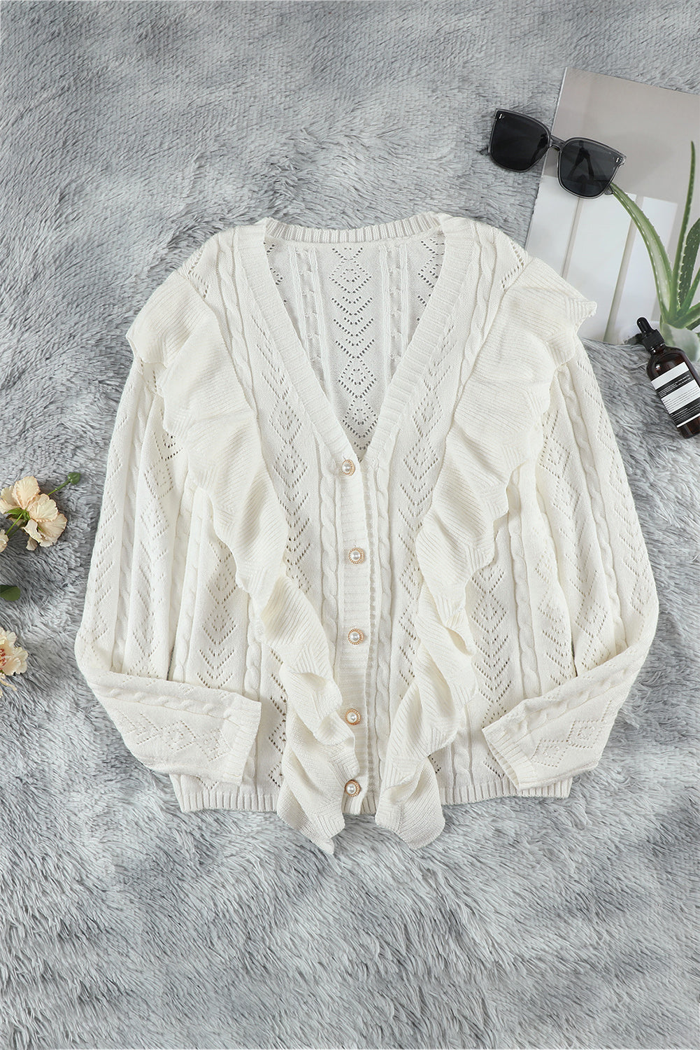 Button Front Ruffle Trim V-Neck Cardigan