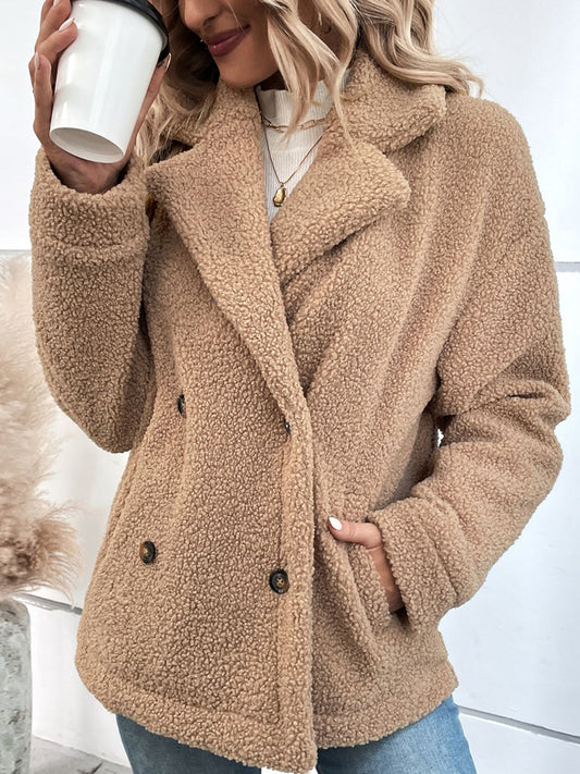 Double-Breasted Lapel Collar Teddy Jacket with Pockets