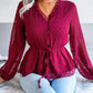 Swiss Dot Frill Trim Drawstring Waist Peplum Blouse