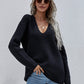 V-Neck Rib-Knit Drop Shoulder Tunic Sweater