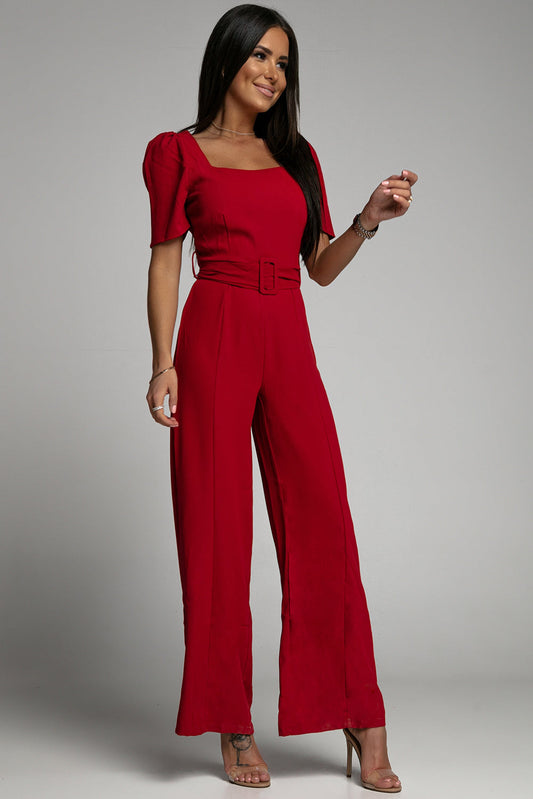 Belted Square Neck Puff Sleeve Jumpsuit