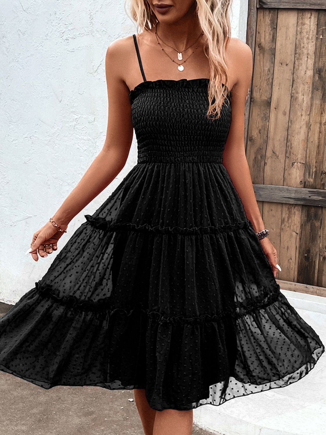 Smocked Spaghetti Strap Frill Trim Dress
