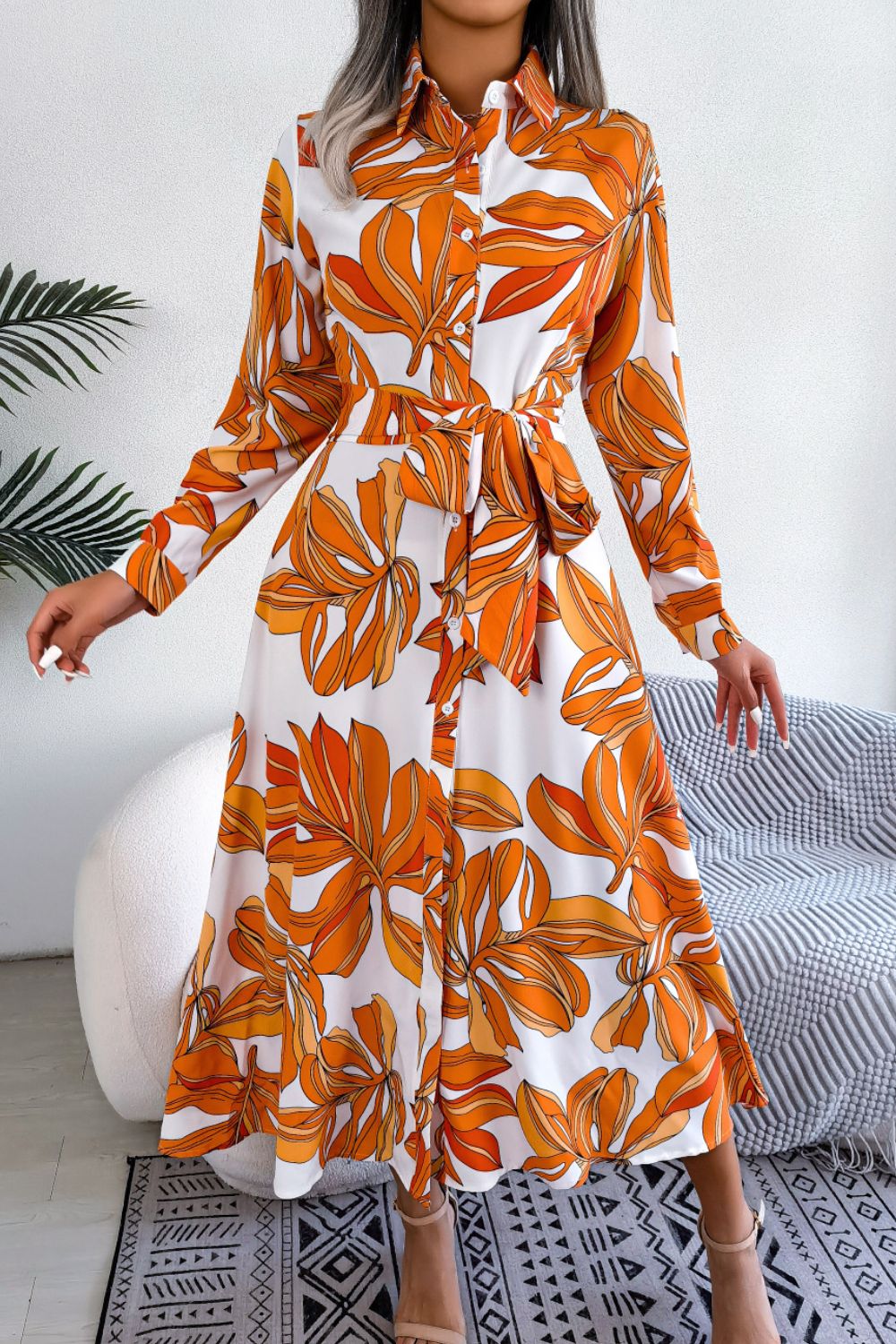 Botanical Print Long Sleeve Shirt Dress